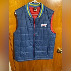 SONIC DRIVE IN Puffer Vest Size Medium Blue Pockets Logo Uniform Car Hop Zipper